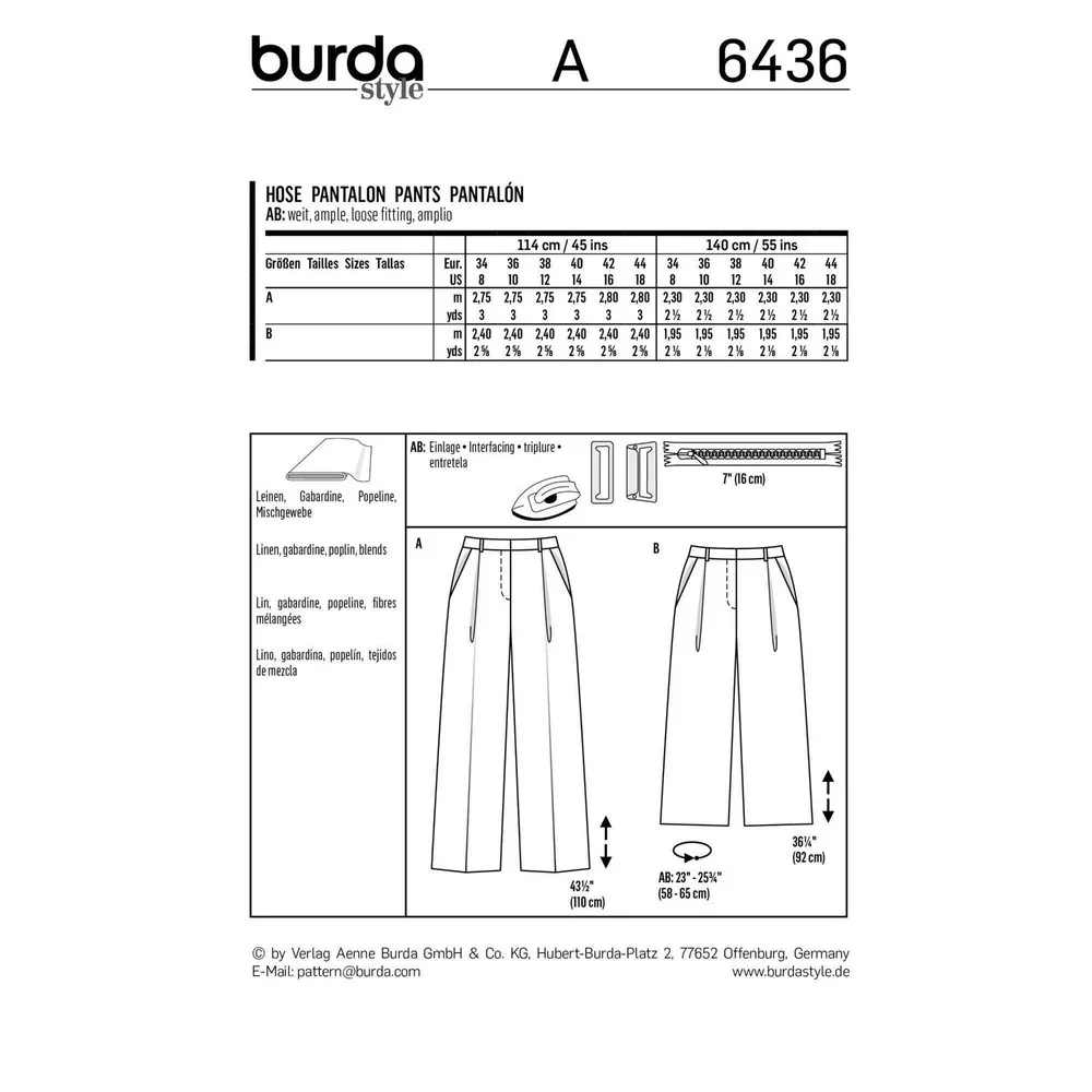 Sewing Pattern Burda‎ Style 6436 Wide Leg Pants Sizes 8-18